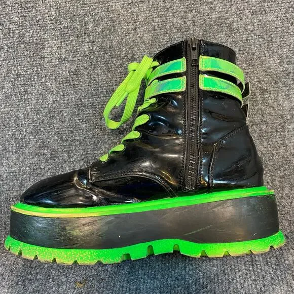 DEMONIA Slacker 52 Womens 9 Platform Black Patent Neon Green Chunky Combat Boots - Picture 2 of 8